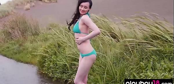  Pale skinned Skylar strips out of her bikini outdoor